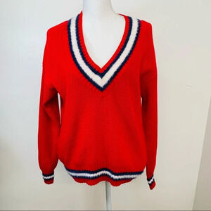 Mango Sweater  Woman Size XS Red V-Neck Oversized Ribbed Knit Long  Sleeve Soft